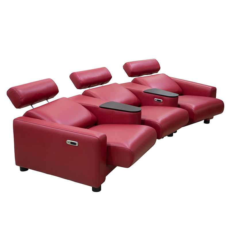 Contact surface cowhide three-seat and 2 middle console video room private cinema sofa luxury, all-electric stretching function，the headrest can be adjusted up and down