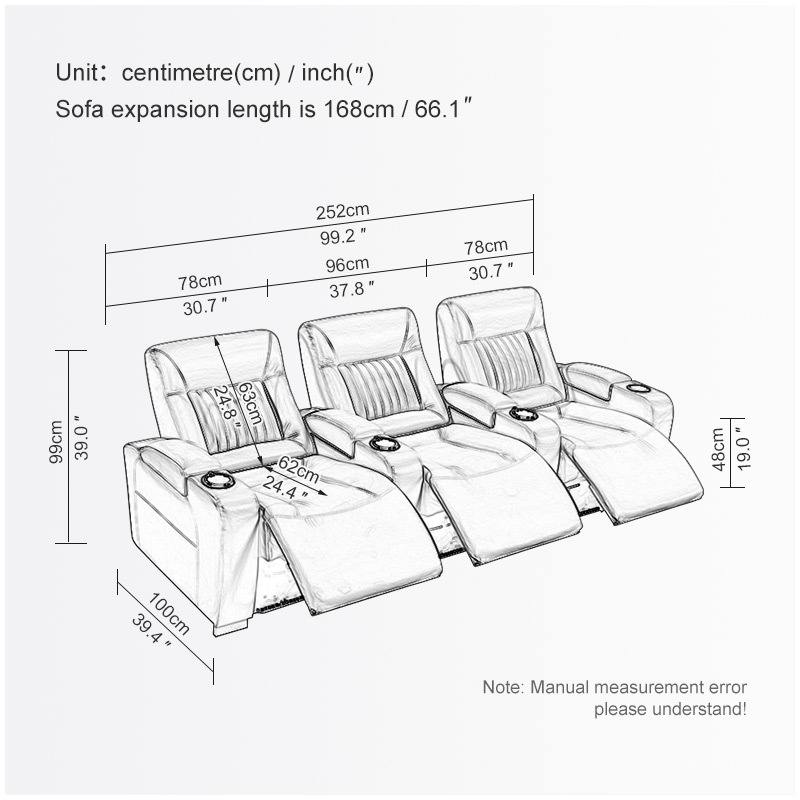 Contact surface cowhide three-seat and 4 middle console video room private cinema sofa luxury, all-electric stretching function