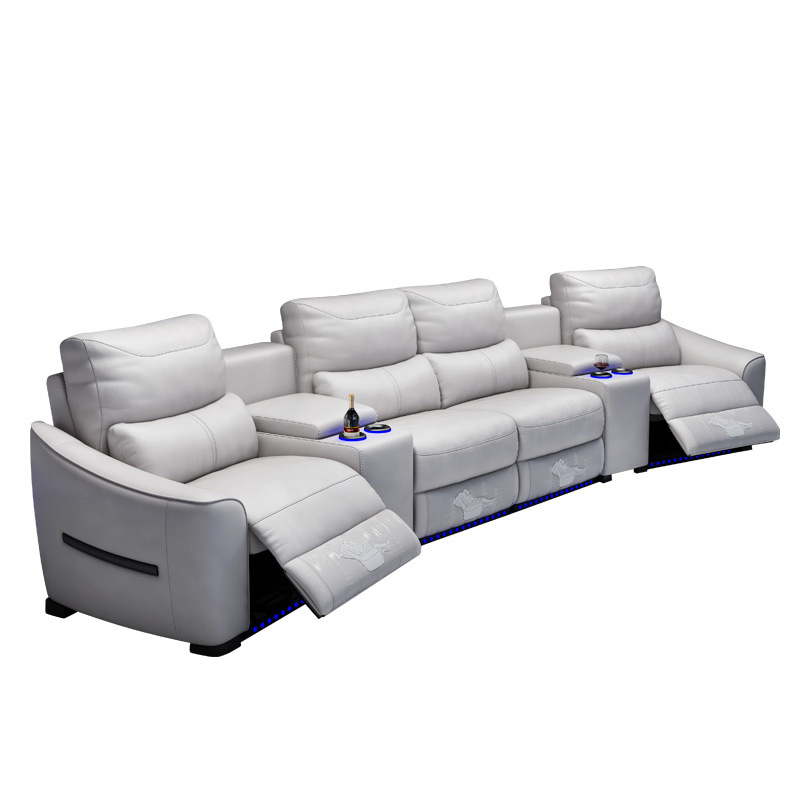 Contact surface cowhide four-seat and 2 middle console arc design video room private cinema sofa luxury, all-electric stretching function