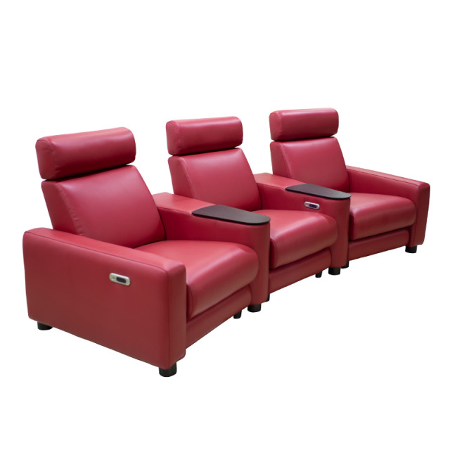 Contact surface cowhide three-seat and 2 middle console video room private cinema sofa luxury, all-electric stretching function，the headrest can be adjusted up and down