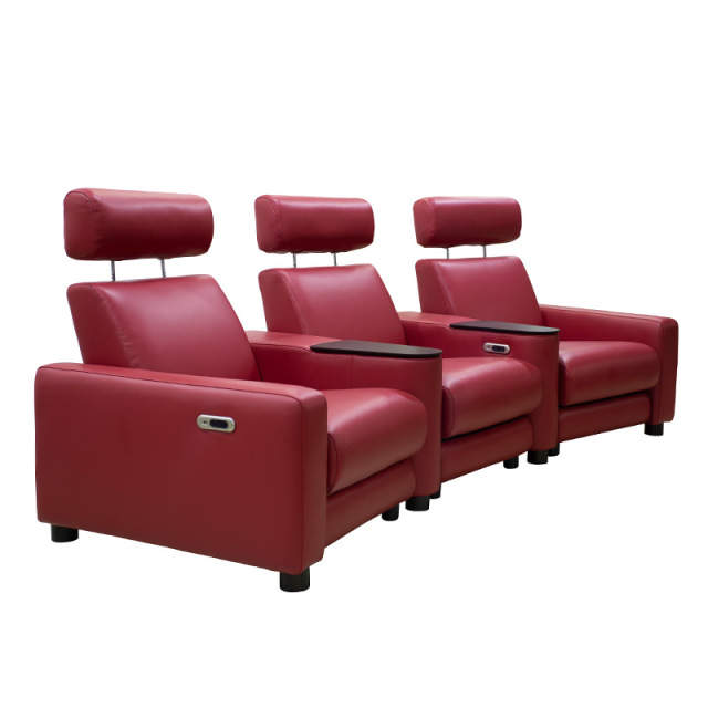 Contact surface cowhide three-seat and 2 middle console video room private cinema sofa luxury, all-electric stretching function，the headrest can be adjusted up and down
