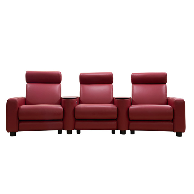 Contact surface cowhide three-seat and 2 middle console video room private cinema sofa luxury, all-electric stretching function，the headrest can be adjusted up and down
