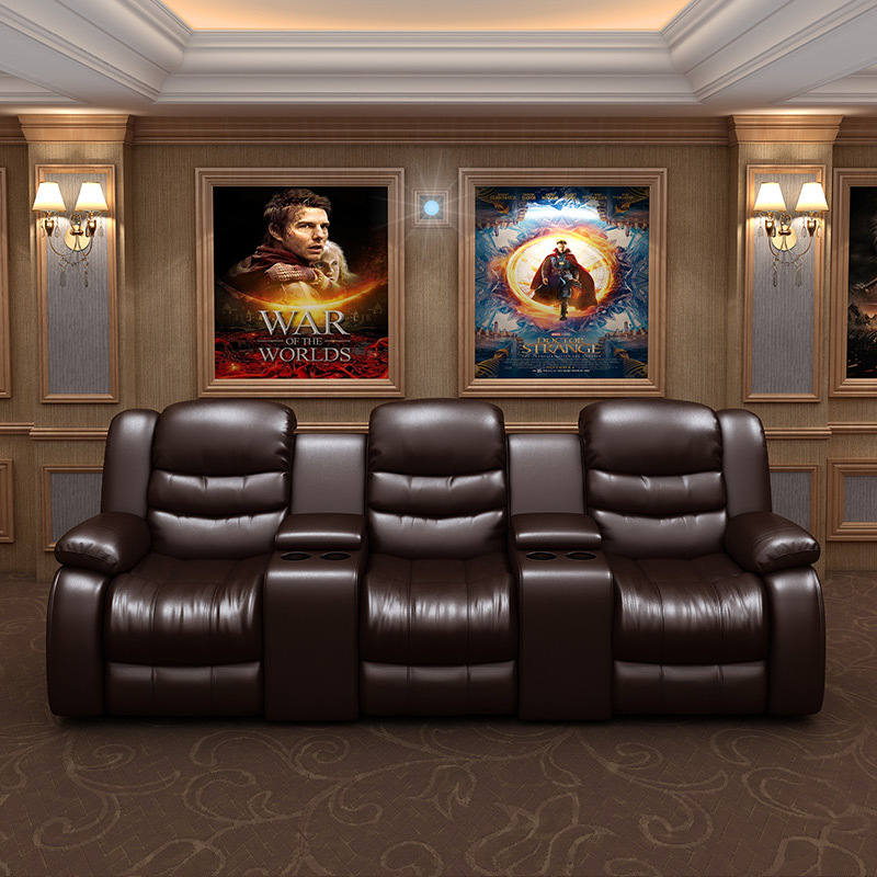 Contact surface cowhide three-seat and 2 middle console video room private cinema sofa luxury, all-electric stretching function