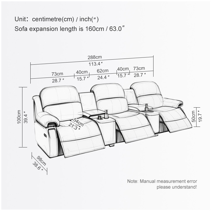 Contact surface cowhide three-seat and 2 middle console video room private cinema sofa luxury, all-electric stretching function