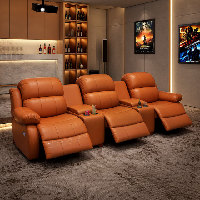 Contact surface cowhide three-seat and 2 middle console video room private cinema sofa luxury, all-electric stretching function