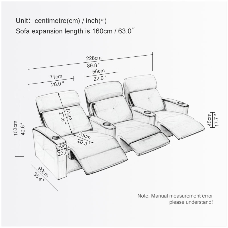 Contact surface cowhide three-seat and 2 middle console video room private cinema sofa luxury, all-electric stretching function
