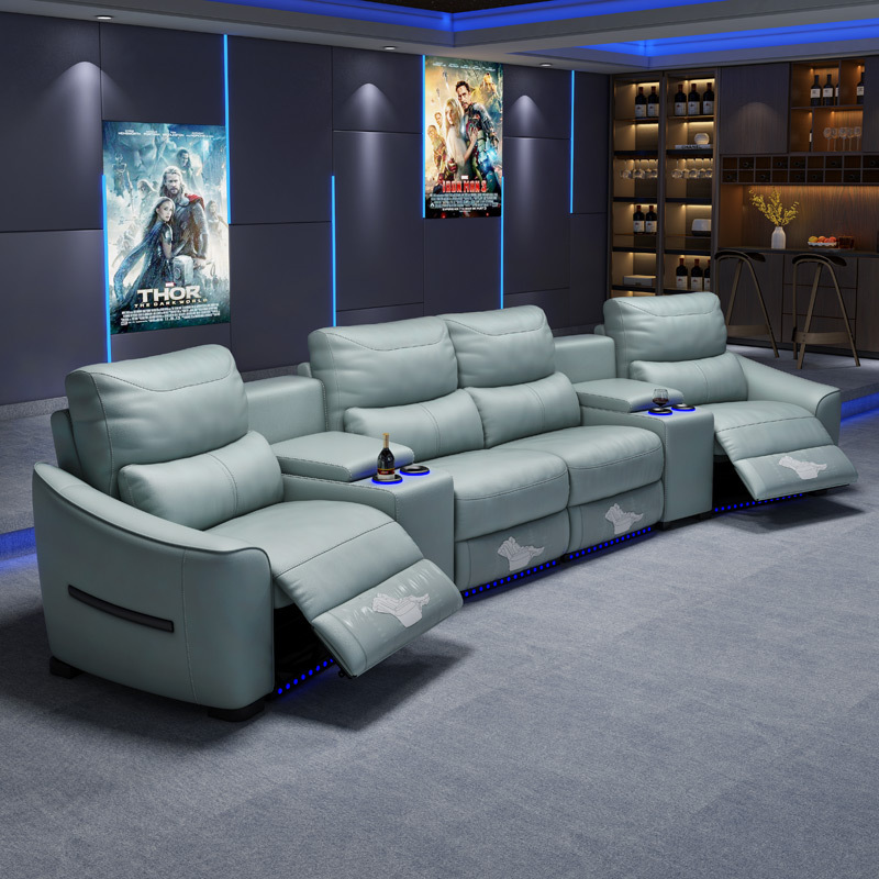 Contact surface cowhide four-seat and 2 middle console arc design video room private cinema sofa luxury, all-electric stretching function