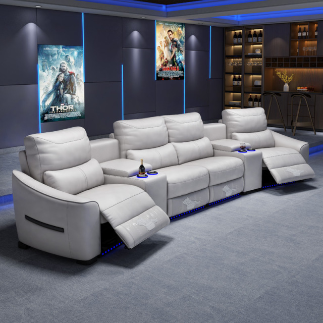 Contact surface cowhide four-seat and 2 middle console arc design video room private cinema sofa luxury, all-electric stretching function
