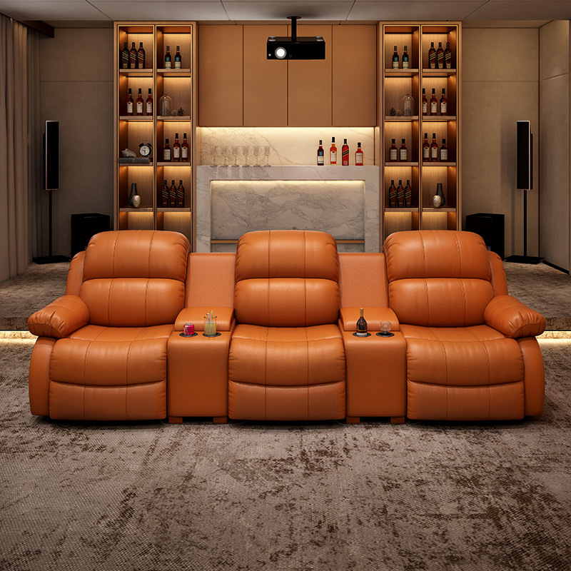 Contact surface cowhide three-seat and 2 middle console video room private cinema sofa luxury, all-electric stretching function