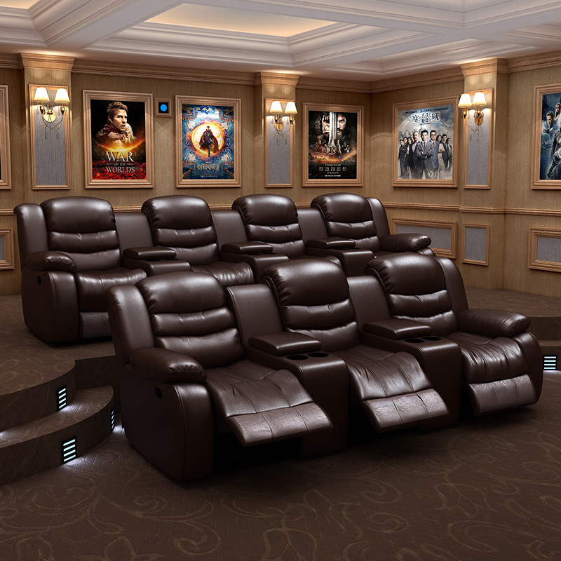 Contact surface cowhide three-seat and 2 middle console video room private cinema sofa luxury, all-electric stretching function