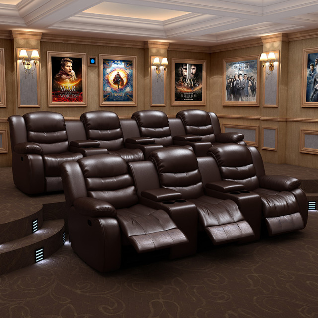 Contact surface cowhide three-seat and 2 middle console video room private cinema sofa luxury, all-electric stretching function
