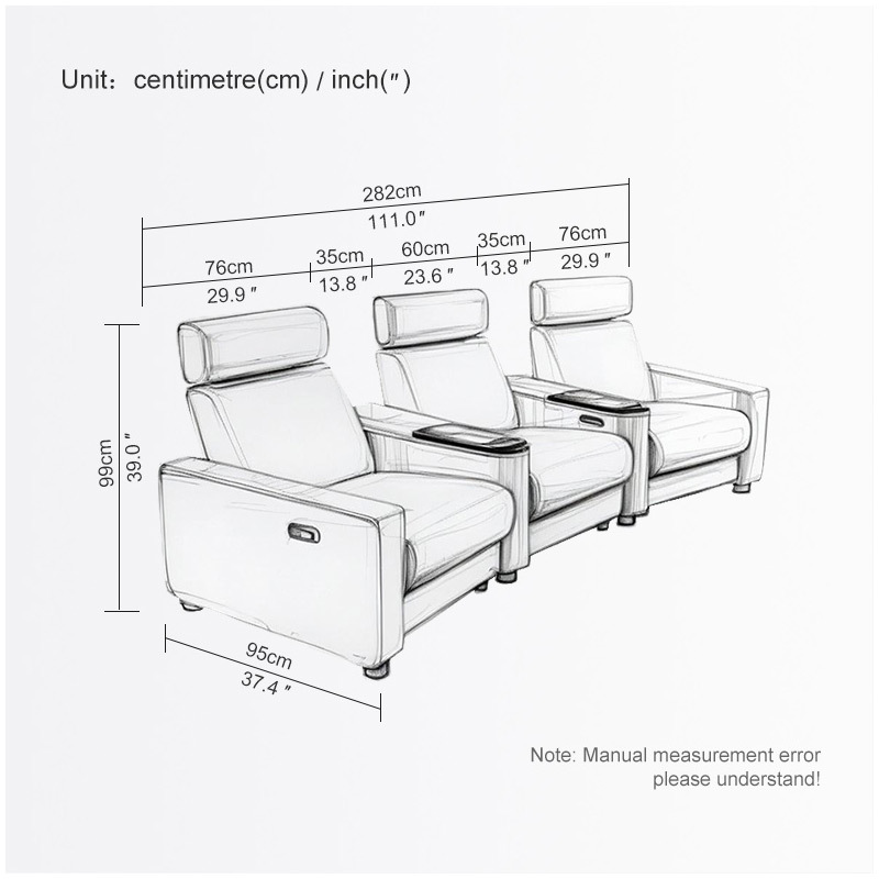 Contact surface cowhide three-seat and 2 middle console video room private cinema sofa luxury, all-electric stretching function，the headrest can be adjusted up and down