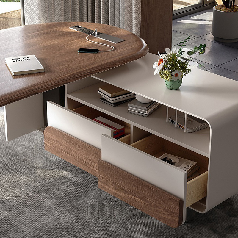 Designer shaped desk Modern light luxury living room walnut color solid wood workbench high-grade study office computer desk