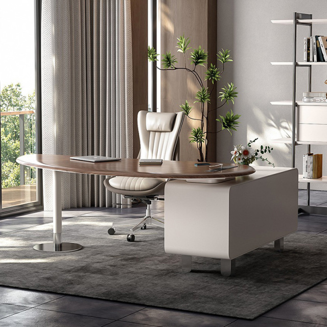 Designer shaped desk Modern light luxury living room walnut color solid wood workbench high-grade study office computer desk