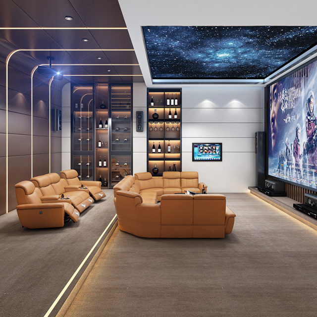 Contact surface cowhide U-shaped arc design AV room private cinema luxury sofa, fully electric stretching function