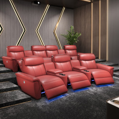 Contact surface cowhide three-seat and 2 middle console arc design video room private cinema sofa luxury, all-electric stretching function