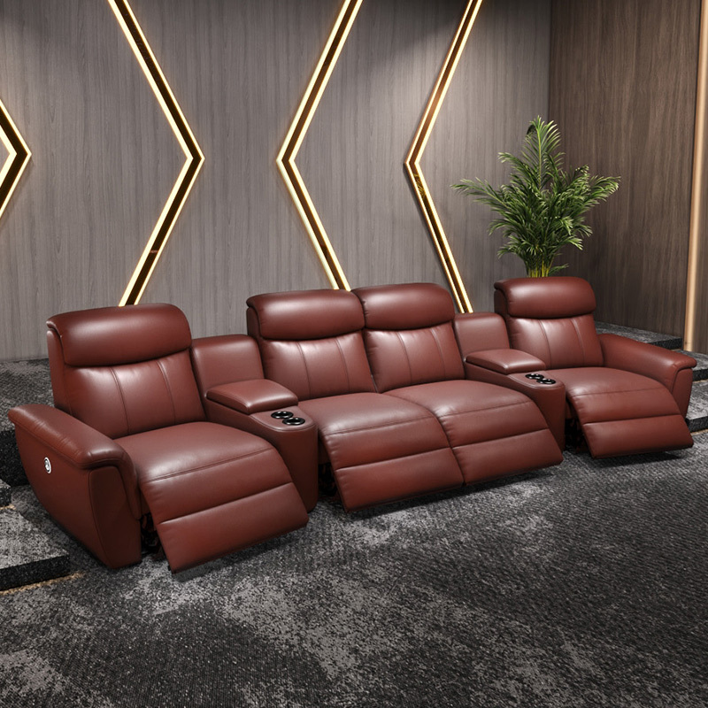 Contact surface cowhide four-seat and 2 middle console arc design video room private cinema sofa luxury, all-electric stretching function