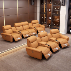 Contact surface cowhide three-seat and 2 middle console arc design video room private cinema sofa luxury, all-electric stretching function
