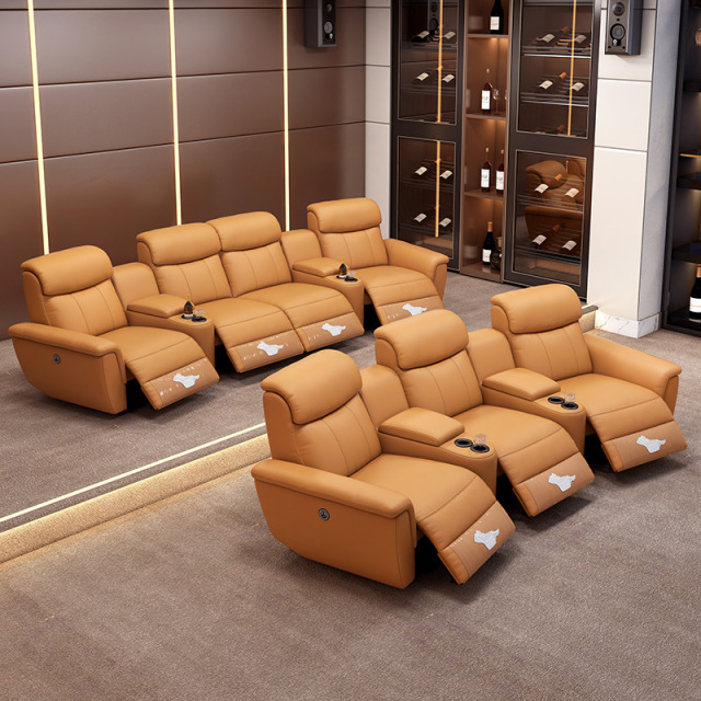 Contact surface cowhide three-seat and 2 middle console arc design video room private cinema sofa luxury, all-electric stretching function