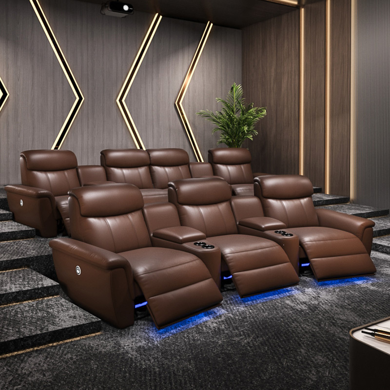 Contact surface cowhide three-seat and 2 middle console arc design video room private cinema sofa luxury, all-electric stretching function