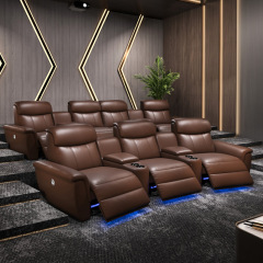 Contact surface cowhide three-seat and 2 middle console arc design video room private cinema sofa luxury, all-electric stretching function