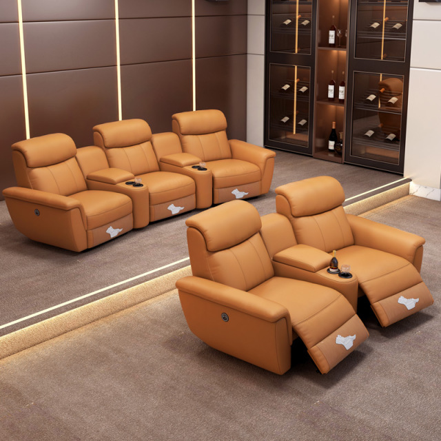 Contact surface cowhide two-seat and middle console arc design video room private cinema sofa luxury, all-electric stretching function