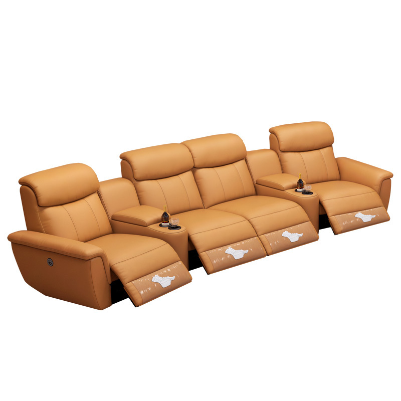 Contact surface cowhide four-seat and 2 middle console arc design video room private cinema sofa luxury, all-electric stretching function