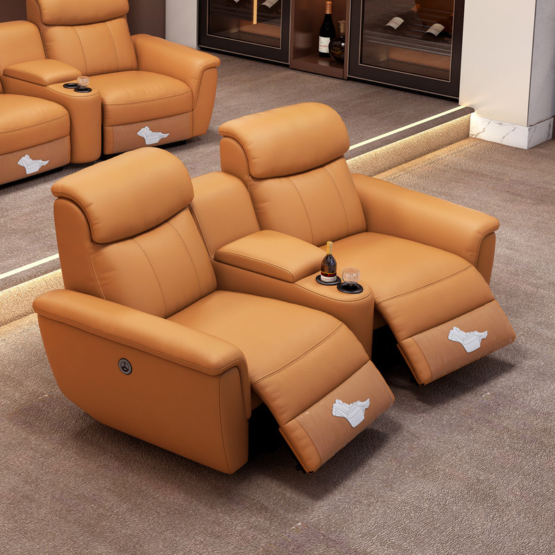 Contact surface cowhide two-seat and middle console arc design video room private cinema sofa luxury, all-electric stretching function