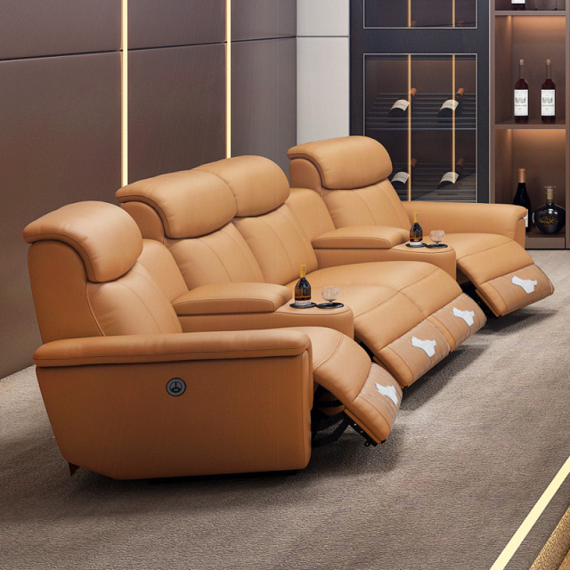 Contact surface cowhide four-seat and 2 middle console arc design video room private cinema sofa luxury, all-electric stretching function