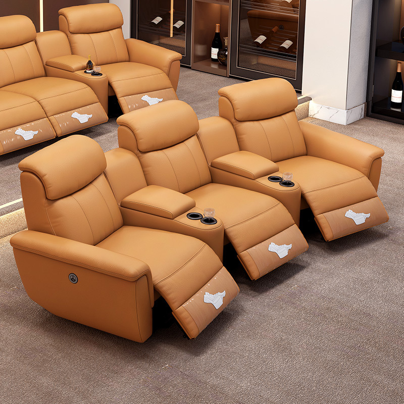 Contact surface cowhide three-seat and 2 middle console arc design video room private cinema sofa luxury, all-electric stretching function