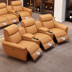 Contact surface cowhide three-seat and 2 middle console arc design video room private cinema sofa luxury, all-electric stretching function