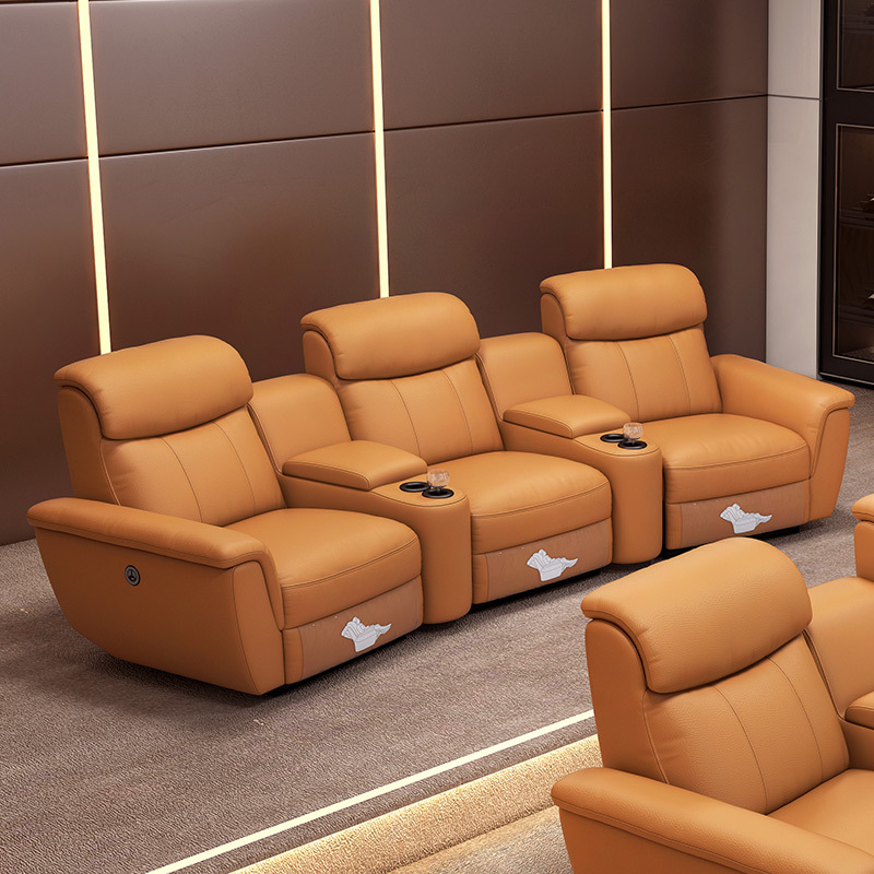 Contact surface cowhide three-seat and 2 middle console arc design video room private cinema sofa luxury, all-electric stretching function