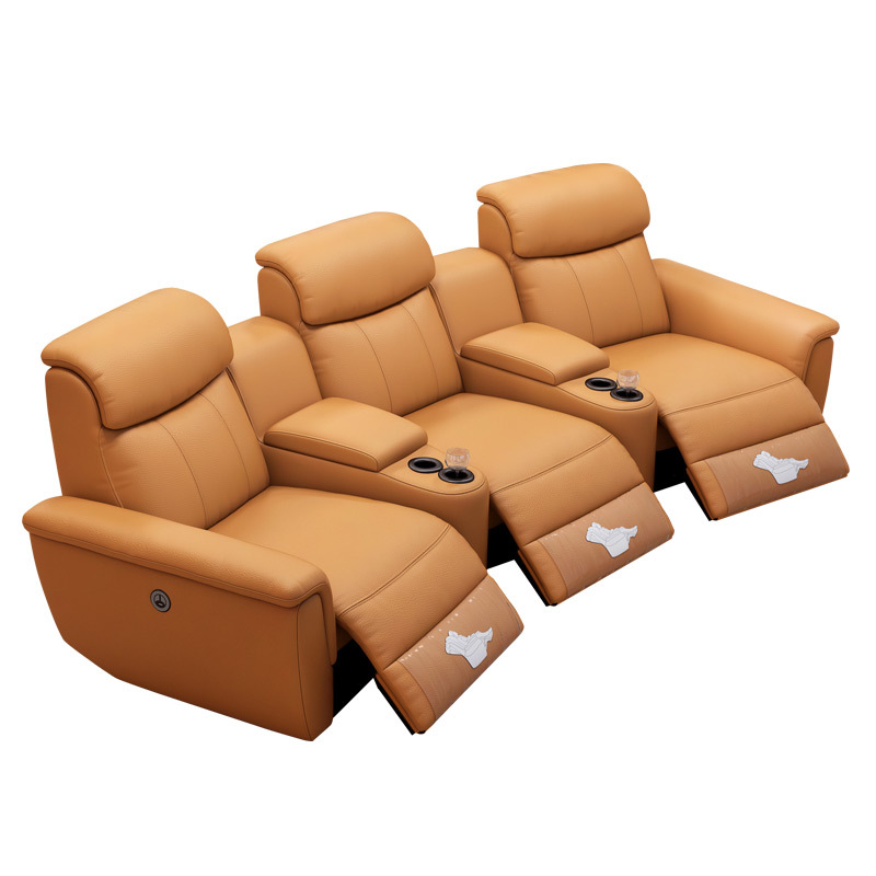 Contact surface cowhide three-seat and 2 middle console arc design video room private cinema sofa luxury, all-electric stretching function