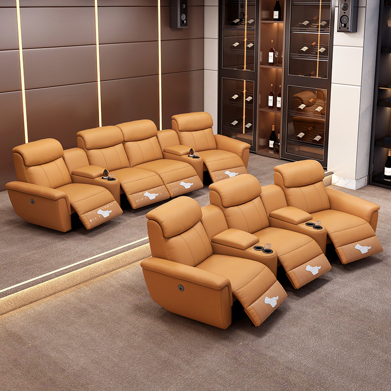 Contact surface cowhide four-seat and 2 middle console arc design video room private cinema sofa luxury, all-electric stretching function