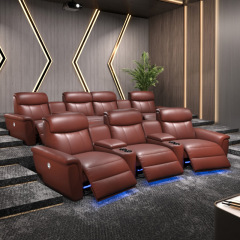 Contact surface cowhide three-seat and 2 middle console arc design video room private cinema sofa luxury, all-electric stretching function