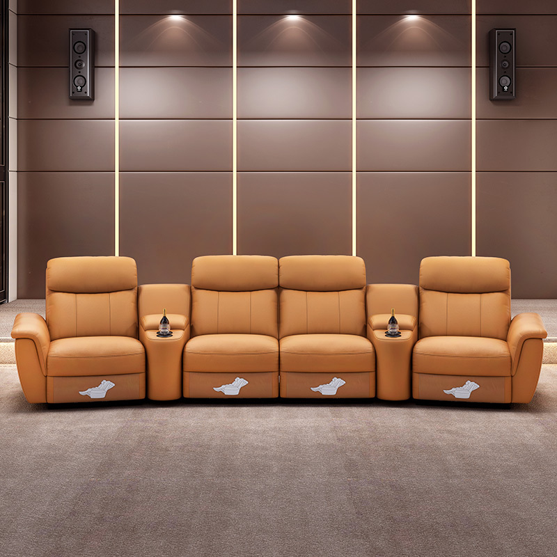 Contact surface cowhide four-seat and 2 middle console arc design video room private cinema sofa luxury, all-electric stretching function