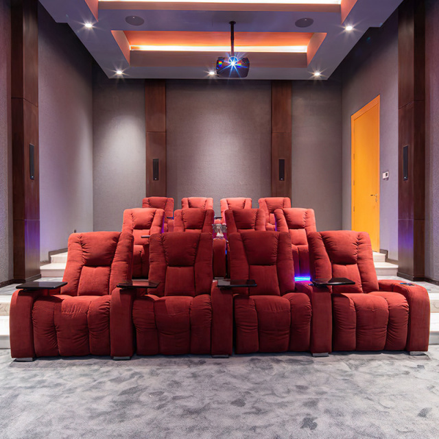 Contact surface cowhide  four-seat console video room private cinema sofa luxury, all-electric stretching function，design of refrigeration system