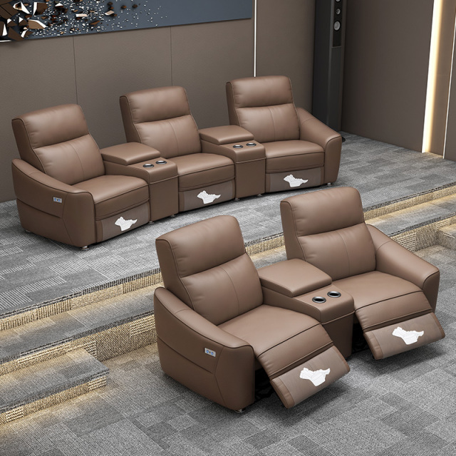 Contact surface cowhide two-seat and middle console arc design video room private cinema sofa luxury, all-electric stretching function