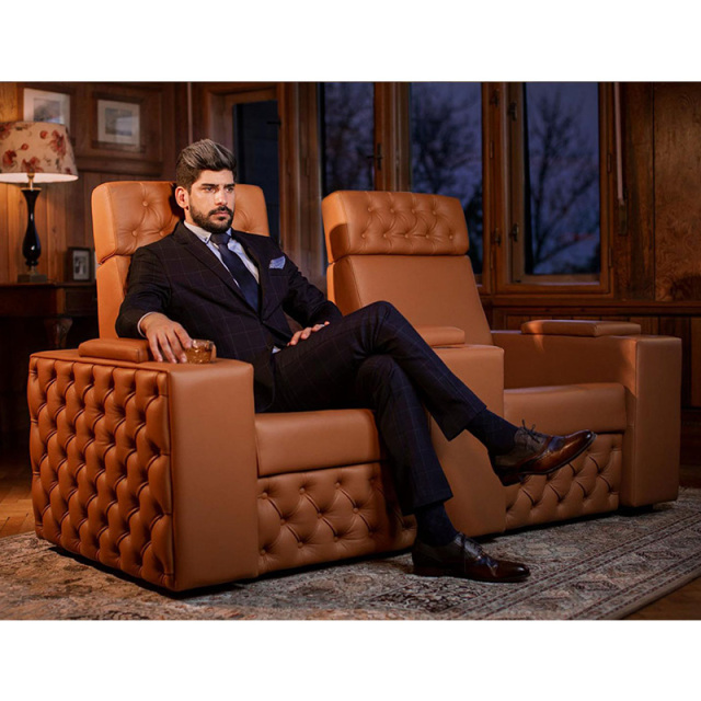Contact surface cowhide two-seat and middle console video room private cinema sofa luxury, all-electric stretching function