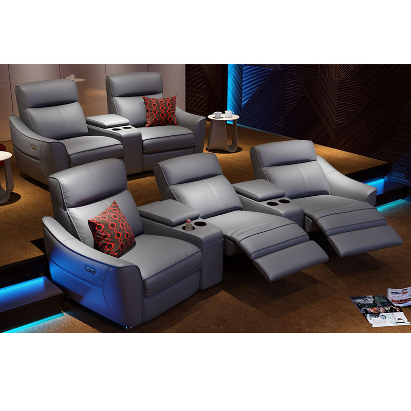 Contact surface cowhide three-seat and 2 middle console arc design video room private cinema sofa luxury, all-electric stretching function