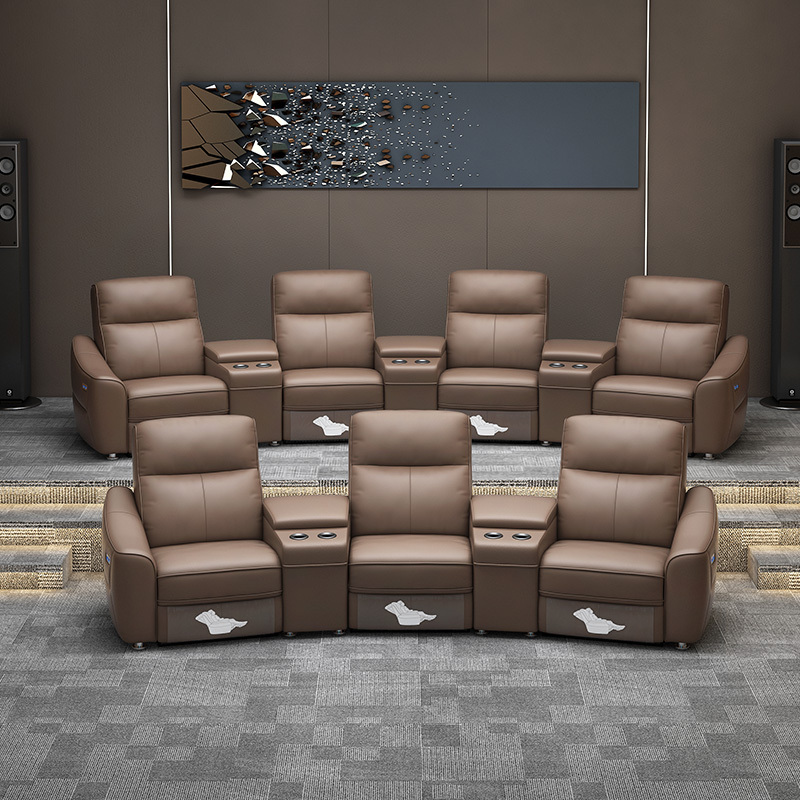 Contact surface cowhide three-seat and 2 middle console arc design video room private cinema sofa luxury, all-electric stretching function