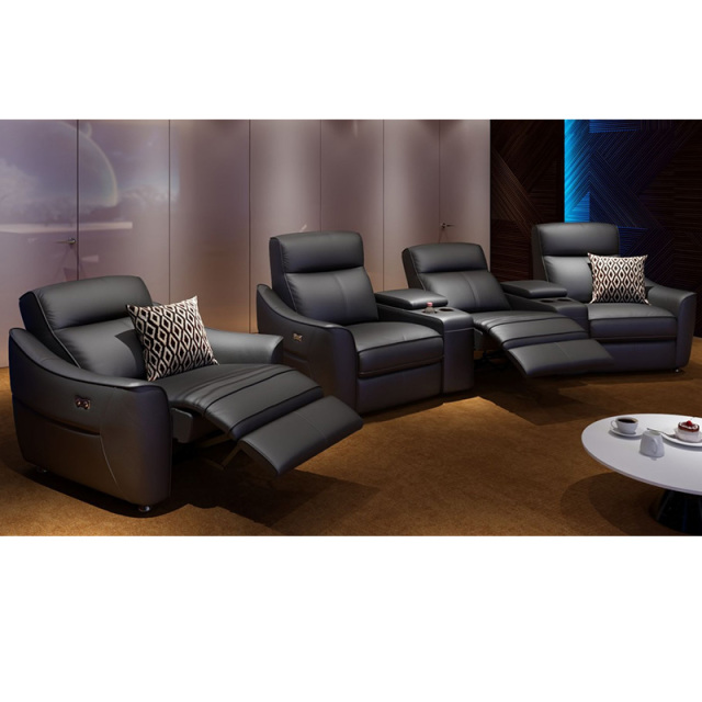 Contact surface cowhide three-seat and 2 middle console arc design video room private cinema sofa luxury, all-electric stretching function