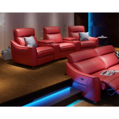 Contact surface cowhide three-seat and 2 middle console arc design video room private cinema sofa luxury, all-electric stretching function