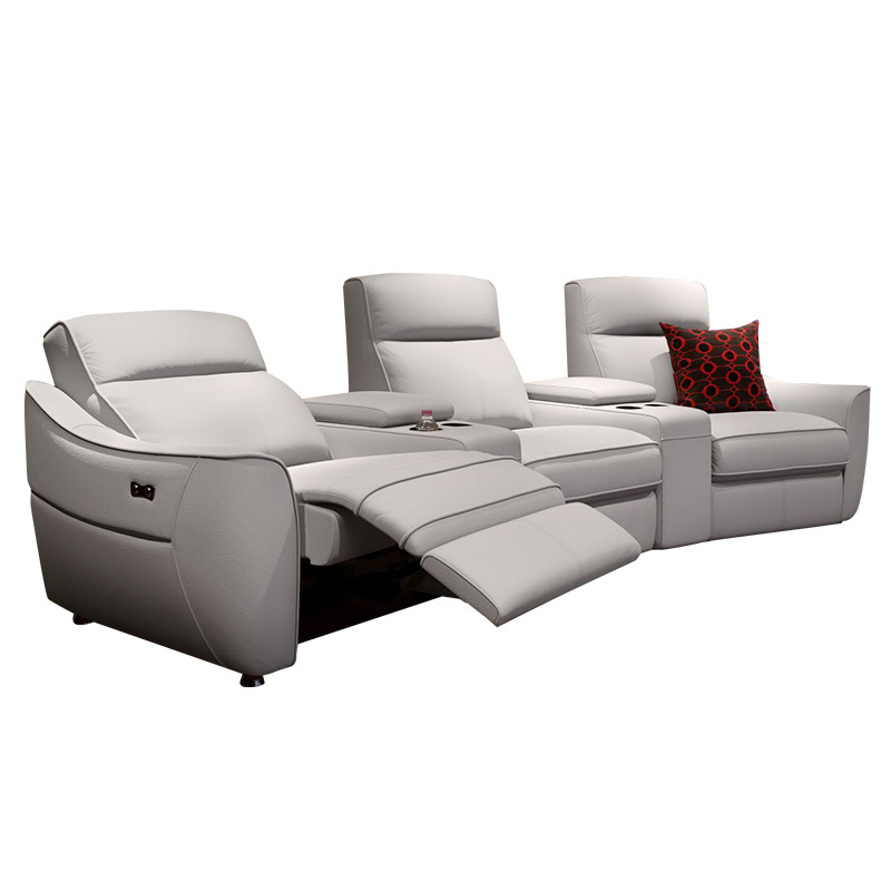 Contact surface cowhide three-seat and 2 middle console arc design video room private cinema sofa luxury, all-electric stretching function