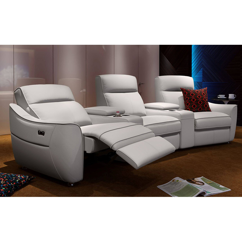 Contact surface cowhide three-seat and 2 middle console arc design video room private cinema sofa luxury, all-electric stretching function