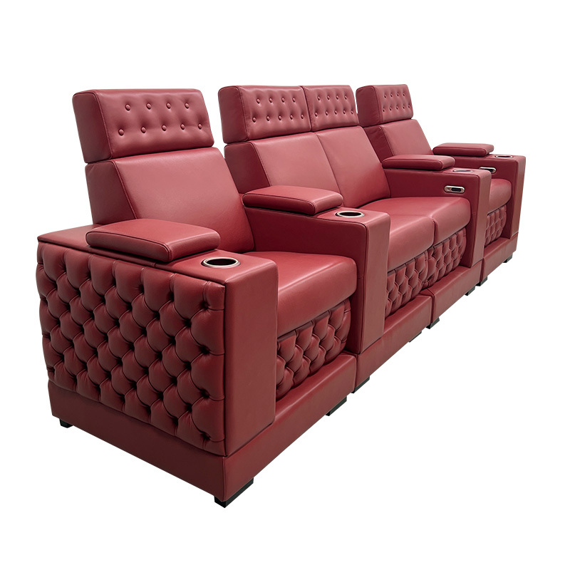 Contact surface cowhide four-seat and 2 middle console video room private cinema sofa luxury, all-electric stretching function，Specially raised base design