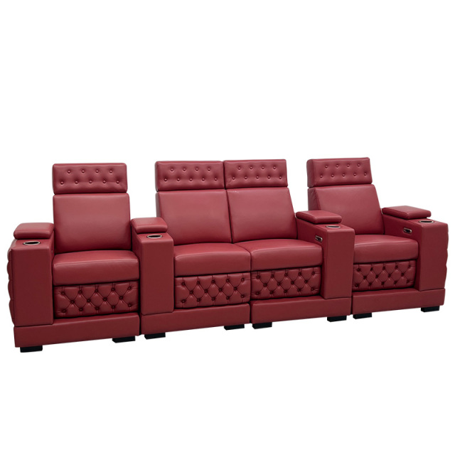 Contact surface cowhide four-seat and 2 middle console video room private cinema sofa luxury, all-electric stretching function，Specially raised base design