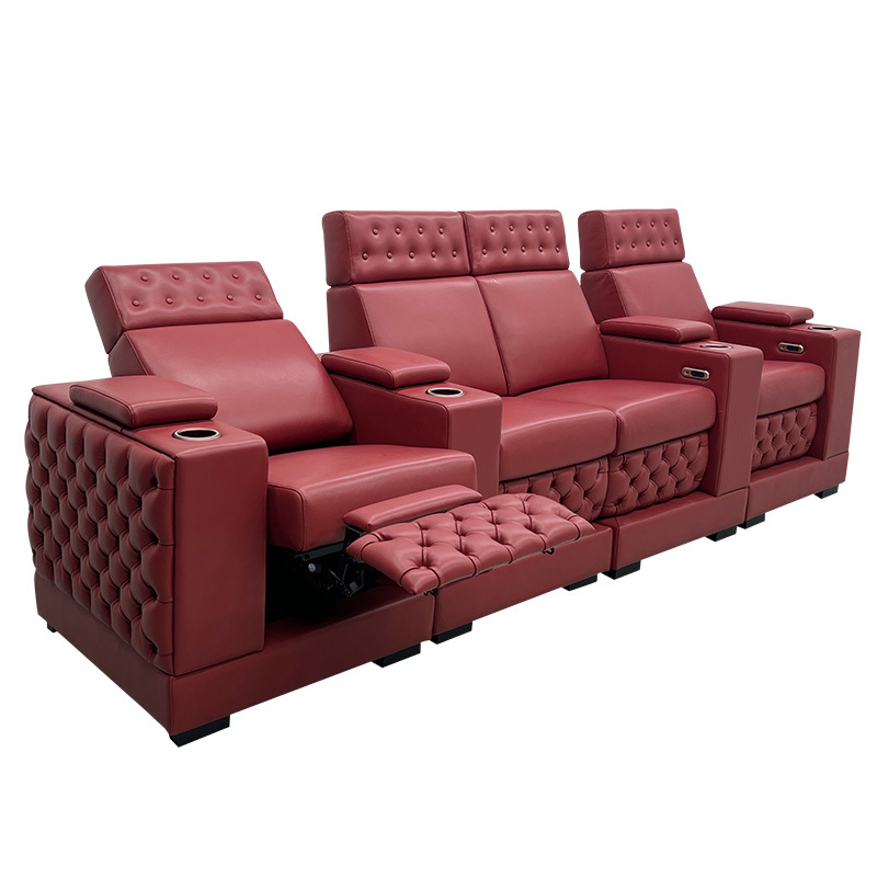 Contact surface cowhide four-seat and 2 middle console video room private cinema sofa luxury, all-electric stretching function，Specially raised base design