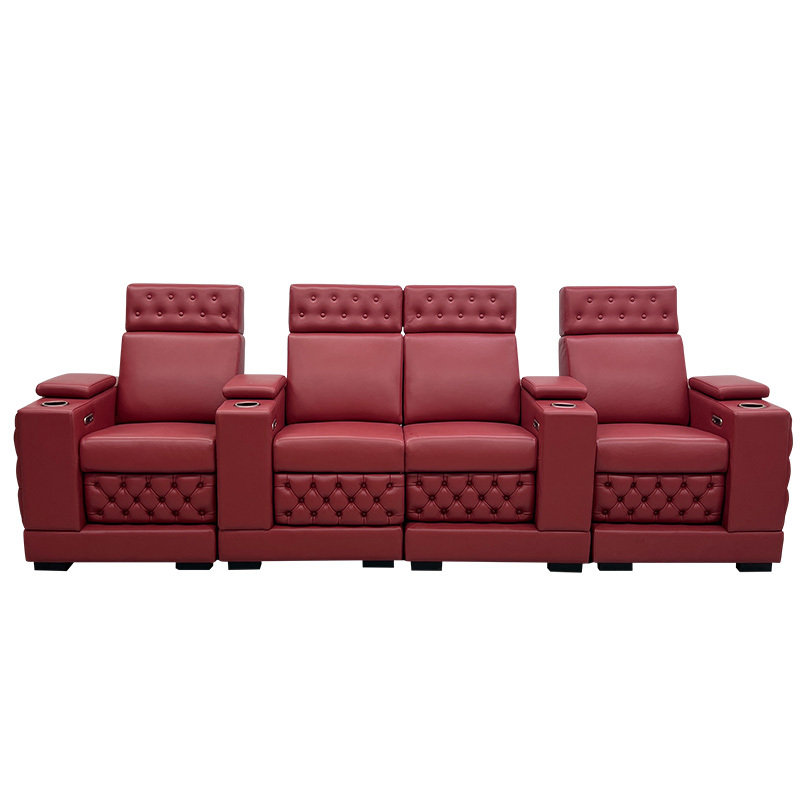 Contact surface cowhide four-seat and 2 middle console video room private cinema sofa luxury, all-electric stretching function，Specially raised base design