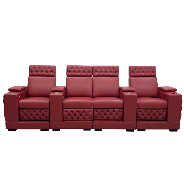 Contact surface cowhide four-seat and 2 middle console video room private cinema sofa luxury, all-electric stretching function，Specially raised base design